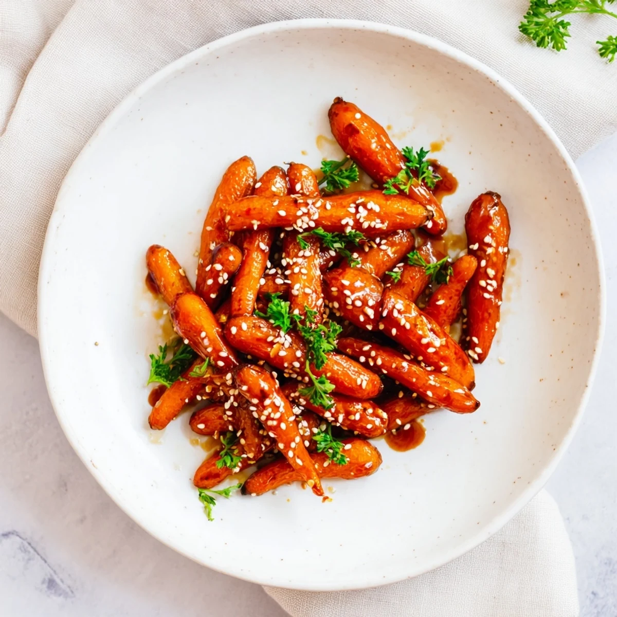 Honey Soy Roasted Carrots glistening with a sweet glaze, a vibrant vegetarian side dish ready to serve.