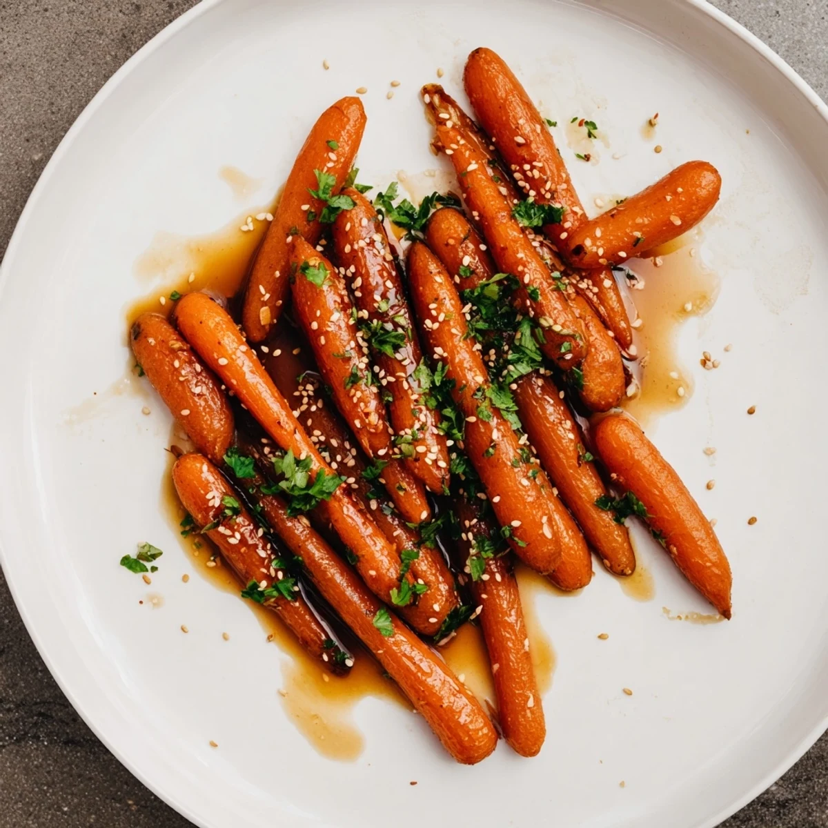 Enjoy a plate of flavorful Honey Soy Roasted Carrots, showcasing perfectly glazed and roasted carrots, a quick recipe.