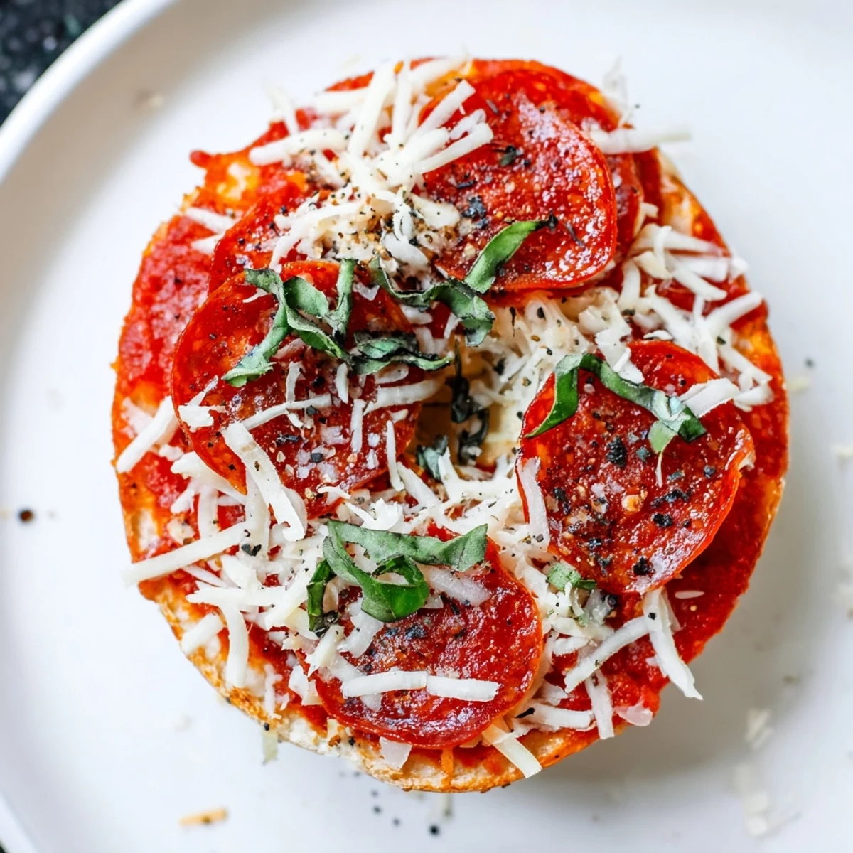 Warm, appetizing photo: a plate of savory Mini Pepperoni Pizza Bagels, perfect for a tasty appetizer.