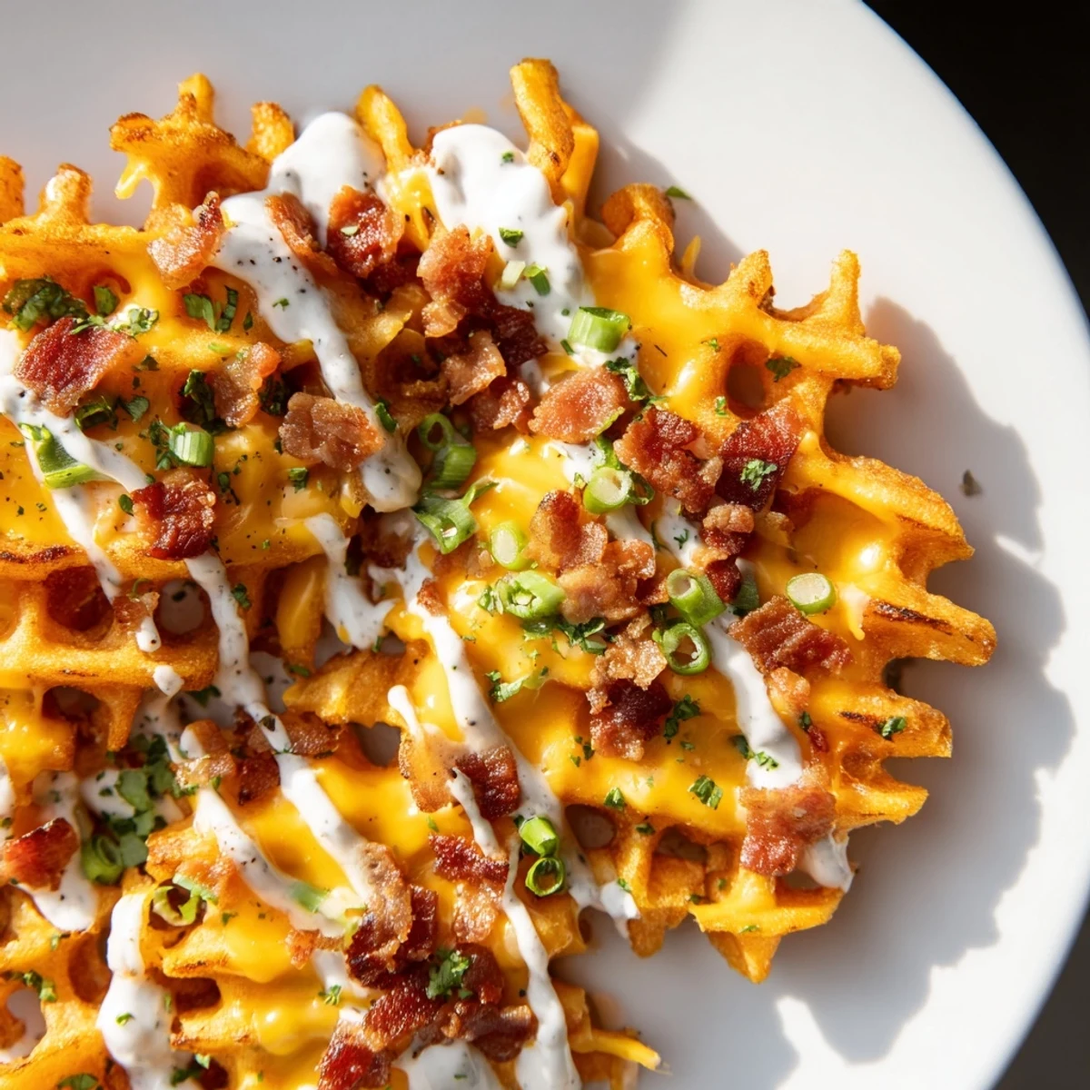 Golden, crispy Loaded Sweet Potato Fries topped with melted cheddar cheese and crumbled bacon.