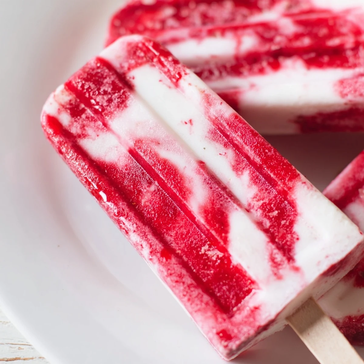 Beautifully layered raspberry coconut ice pops, displaying a refreshing homemade frozen tropical style treat.