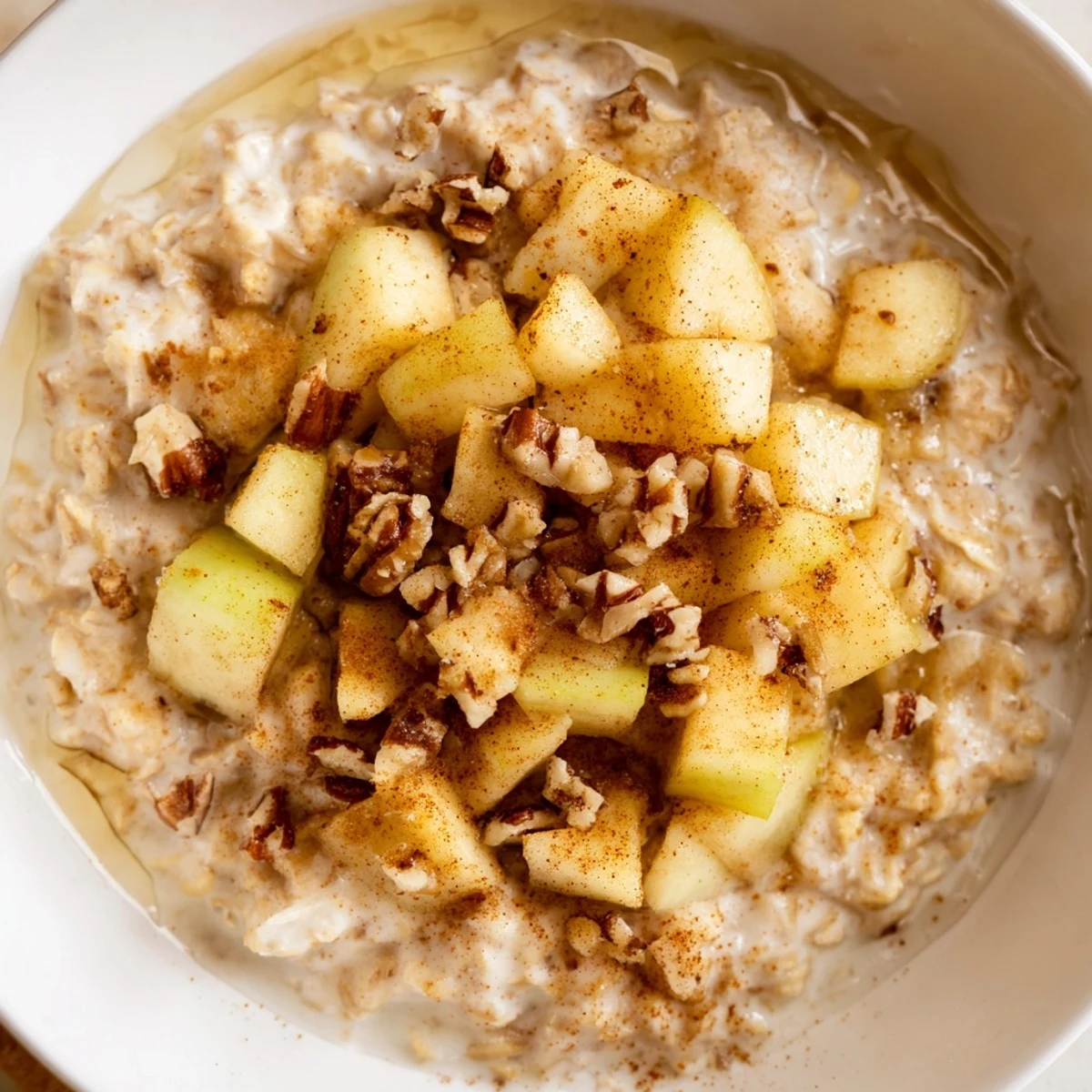 This hearty apple pie oatmeal bowl features cinnamon-spiced oats and sweet, tender apple slices.