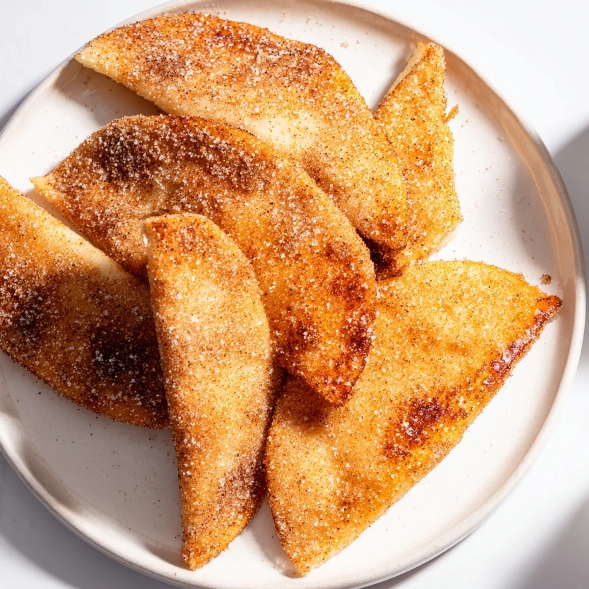 Golden brown cinnamon sugar tortilla chips, a sweet and simple dessert snack.