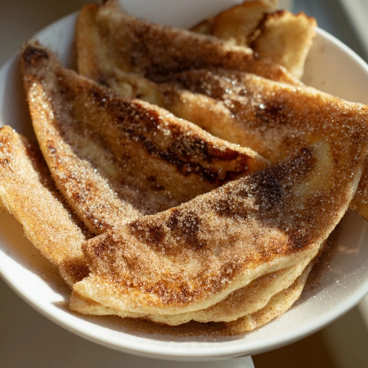 Close-up of freshly made cinnamon sugar tortilla chips, lightly dusted and delicious.