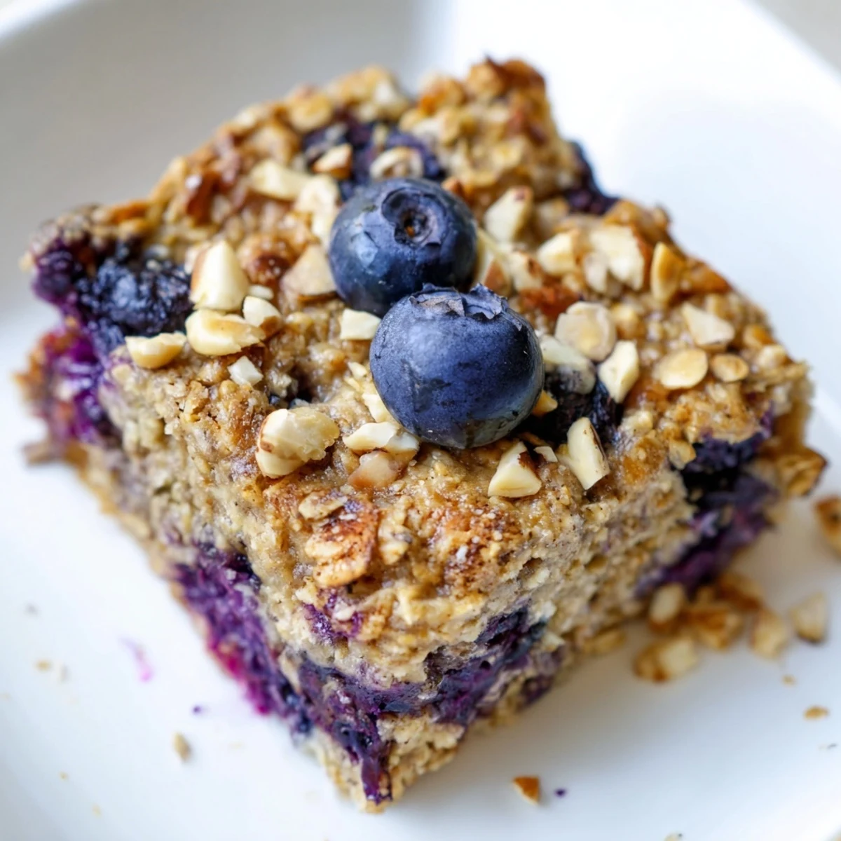 Steaming hot Blueberry Baked Oats, golden brown, with plump blueberries bursting from fluffy interior.