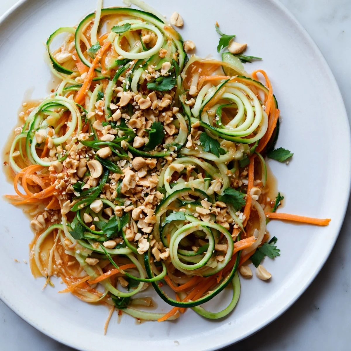 Vibrant Spicy Cucumber Noodle Bowl, a chilled salad with spiralized cucumbers and fiery chili sauce.