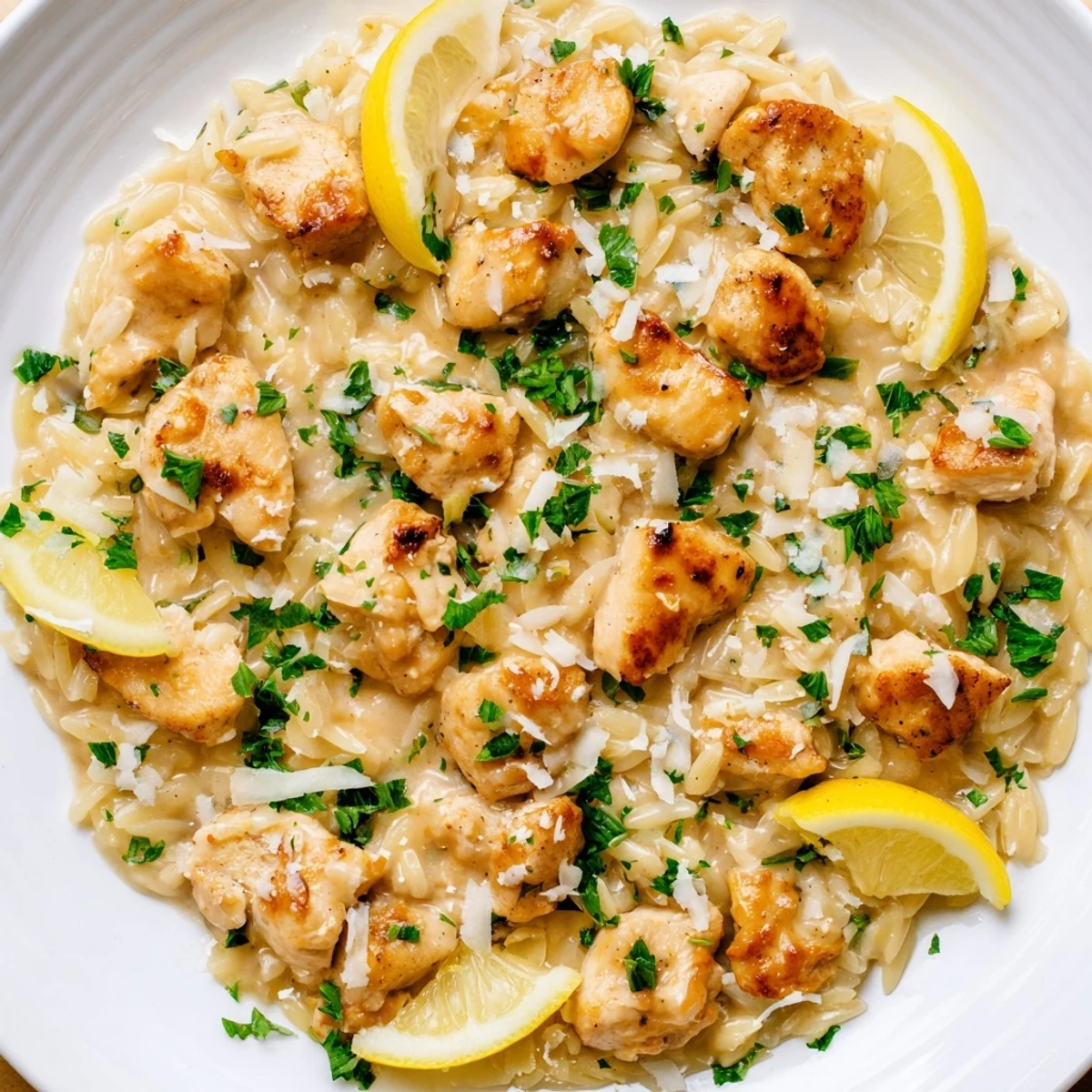 One-pan Creamy Lemon Chicken Orzo with tender chicken and creamy orzo, a flavorful Mediterranean-inspired dinner.
