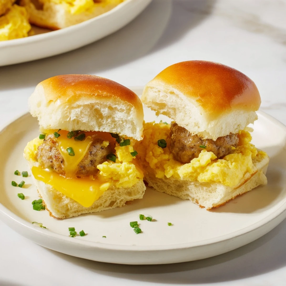 Golden-brown Mini Breakfast Sliders filled with fluffy eggs, savory sausage, and melted cheese; a perfect brunch bite.