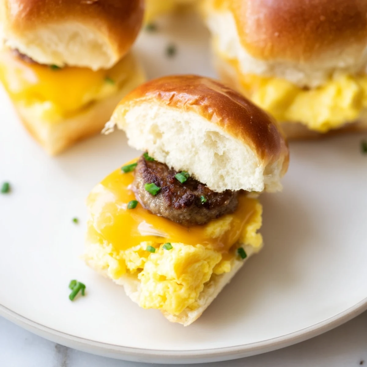 These delightful Mini Breakfast Sliders feature warm, toasted buns overflowing with savory sausage and gooey cheese, ready to eat.