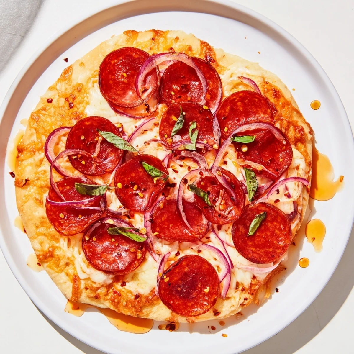 Picture this! A sizzling Hot Honey Pepperoni Flatbread topped with melted mozzarella and red onion.