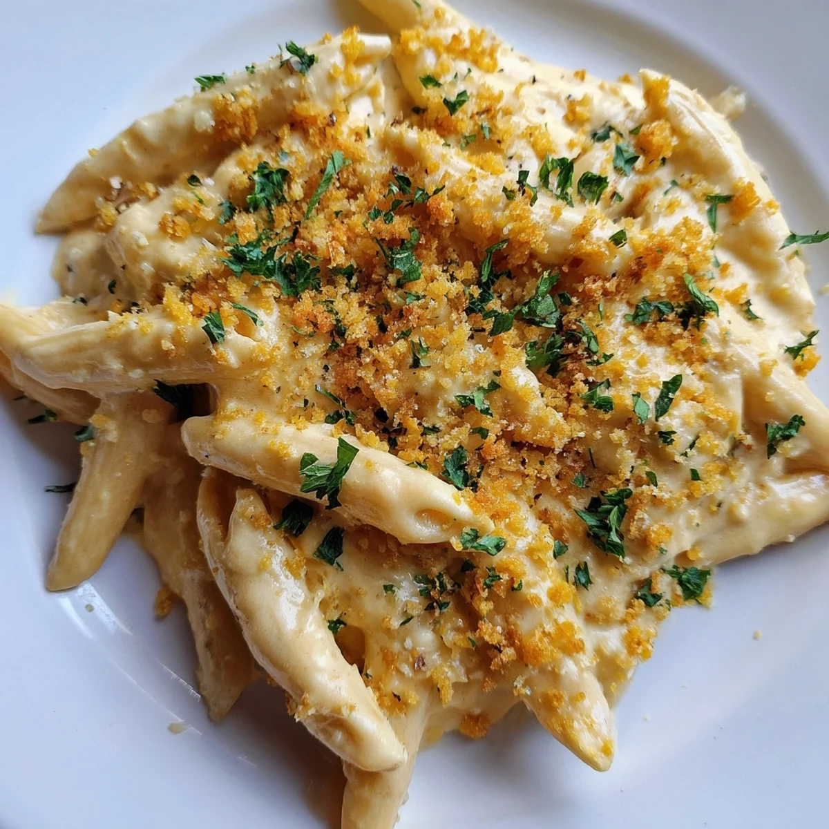 Golden, bubbly High-Protein Mac & Cheese, topped with toasted breadcrumbs, a comforting family favorite.