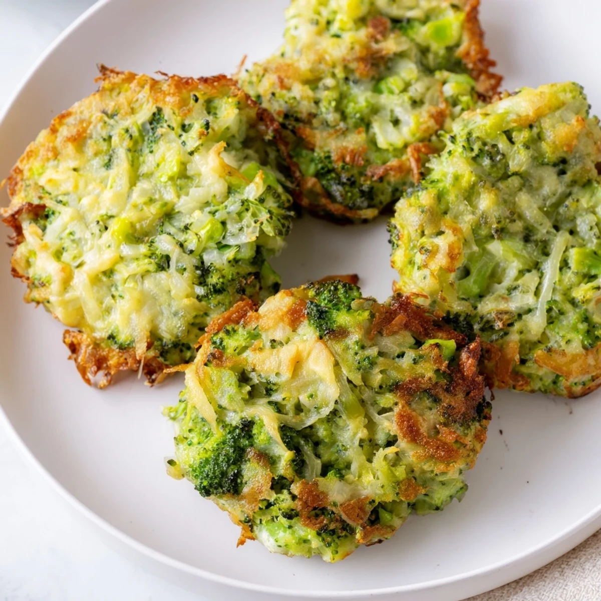 Freshly fried Cheesy Broccoli Patties, perfectly golden and served with a zesty yogurt dip on a white plate.