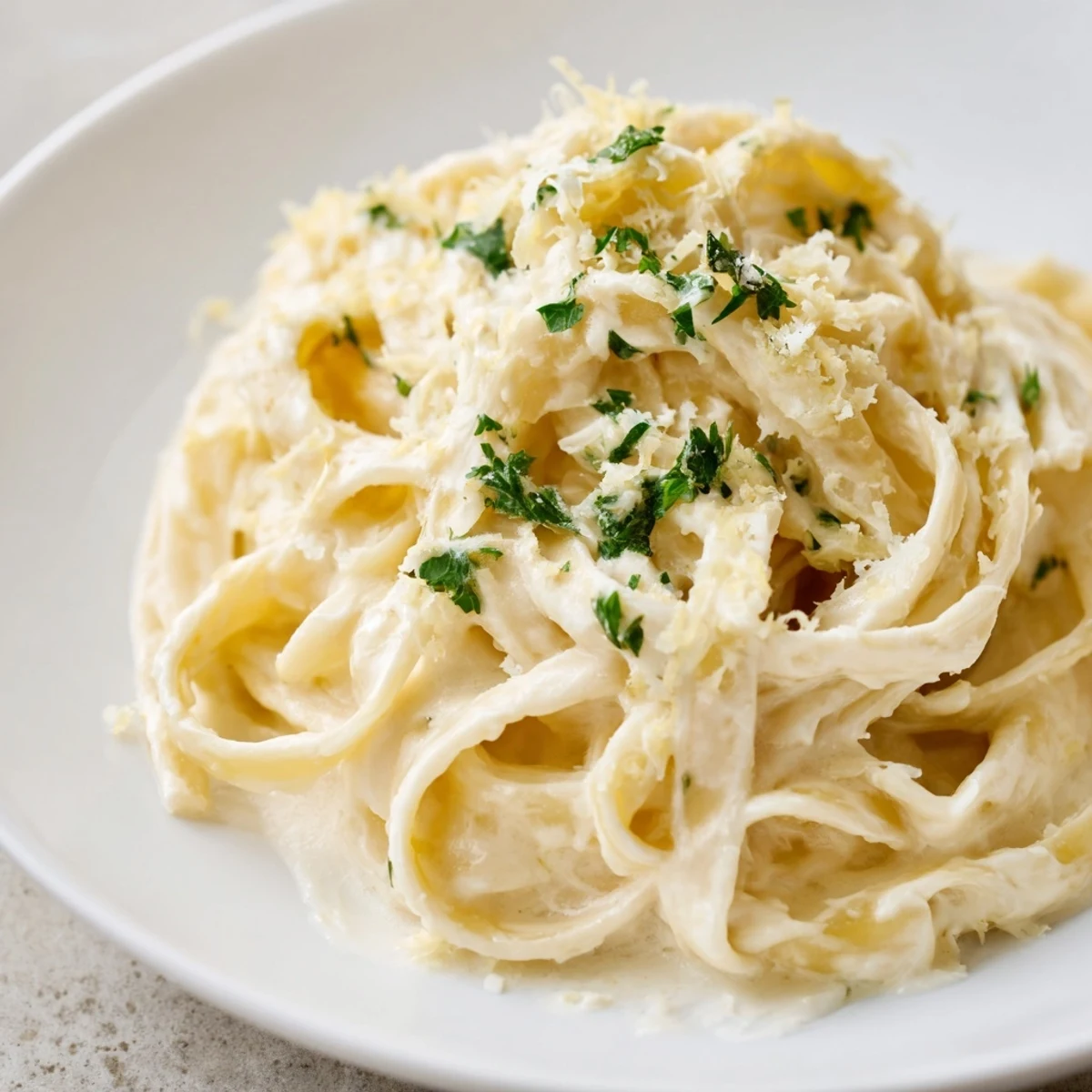 Creamy Pasta Alfredo Cottage Hack, topped with parsley. Imagine the rich, smooth sauce over perfectly cooked pasta.