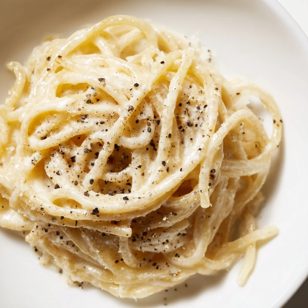 A plate of flavorful Lazy Girl Three-Ingredient Pasta, peppered with black pepper, ready to be enjoyed.