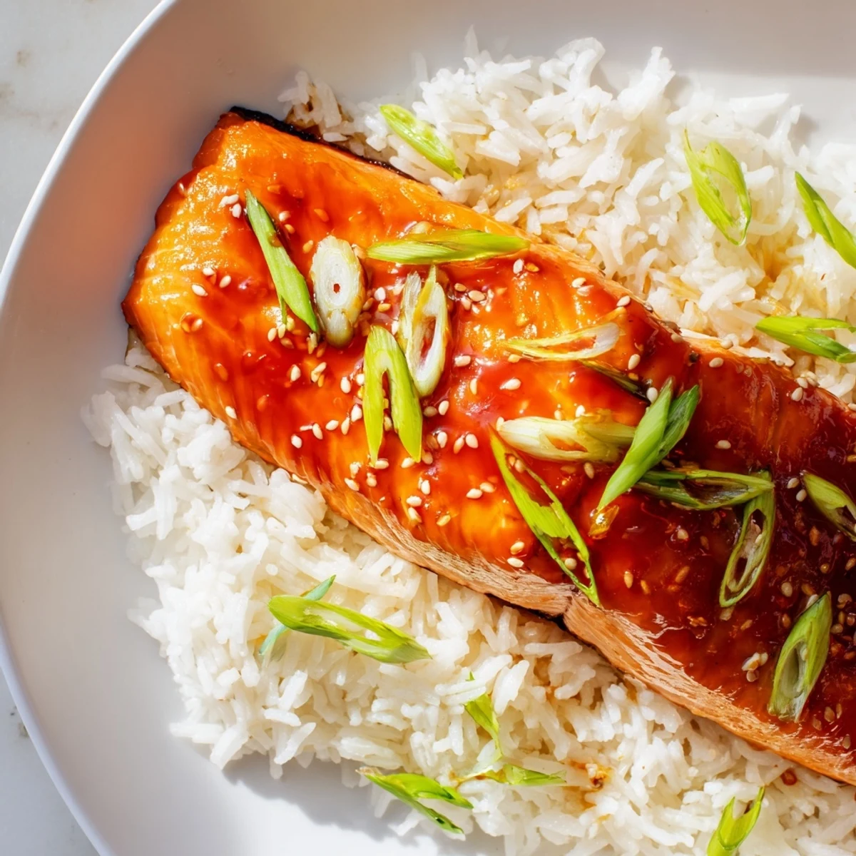 Flaky, orange glazed sticky orange salmon served atop fluffy, buttery rice with fresh scallions.