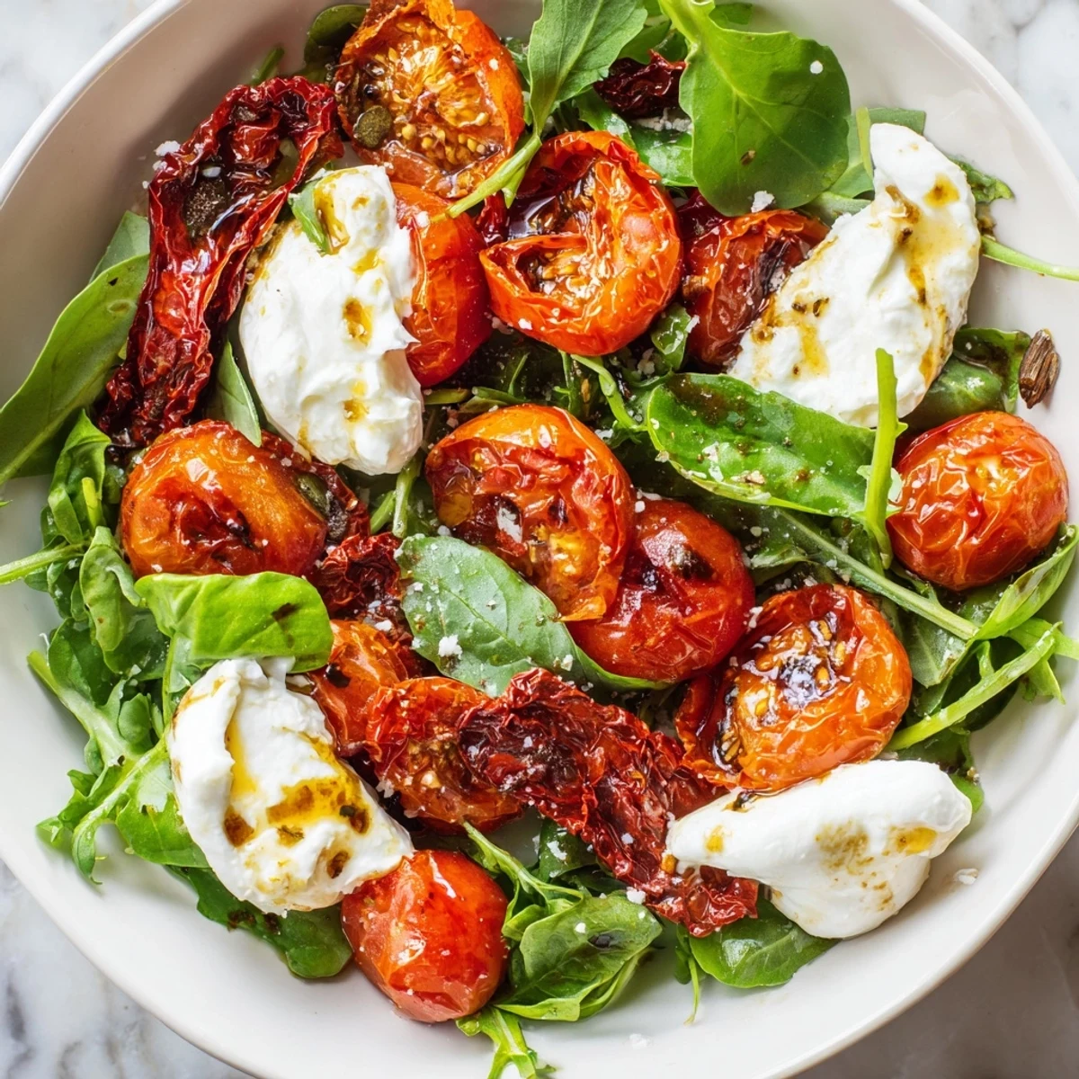 Fresh, colorful Tomato Flight Salad featuring an array of tomatoes and creamy burrata served beautifully on a platter.