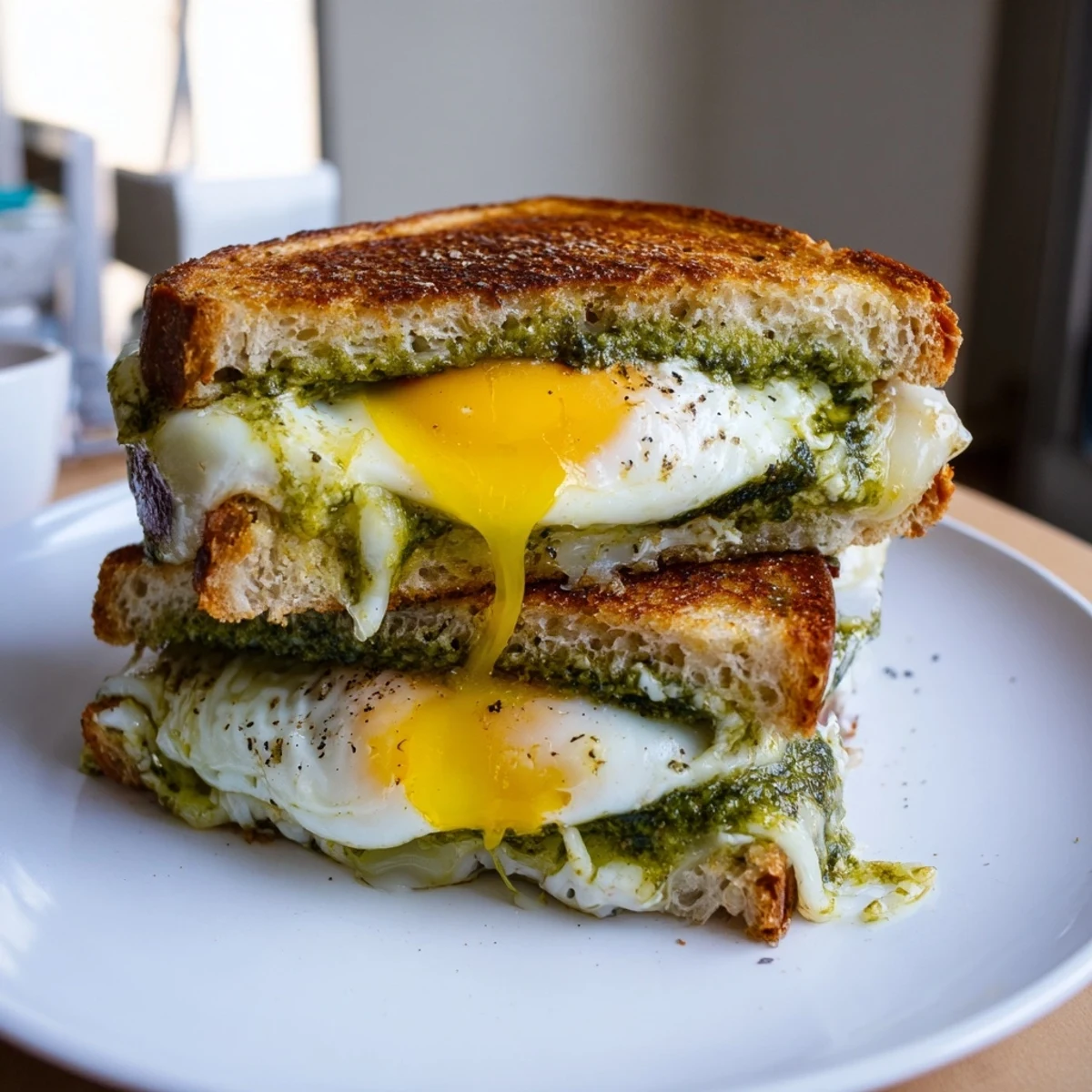 Golden-brown Pesto Egg Grilled Cheese with oozy cheese, offering a flavorful and comforting American meal.