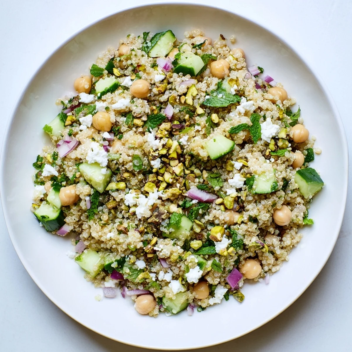 Close-up of a refreshing Jennifer Aniston Salad, showcasing fluffy quinoa, herbs, and bright lemon dressing.