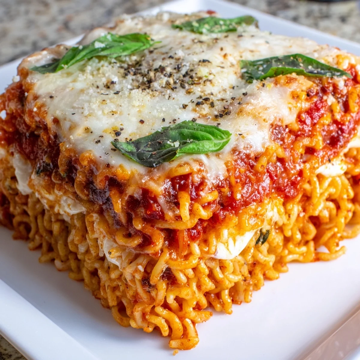 Golden-topped Ramen Lasagna, a budget-friendly delight, baked until bubbly and irresistibly cheesy.