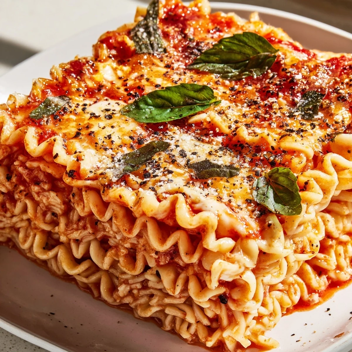 Ramen Lasagna bubbling with melted cheese, a comforting fusion of flavors with savory sauce.