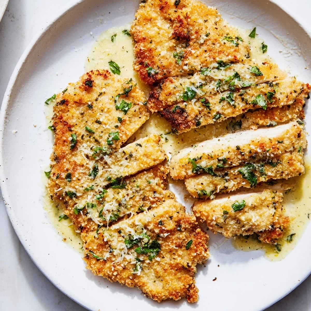 Delicious crispy chicken with garlic cream sauce, drizzled over beautifully browned chicken breasts.