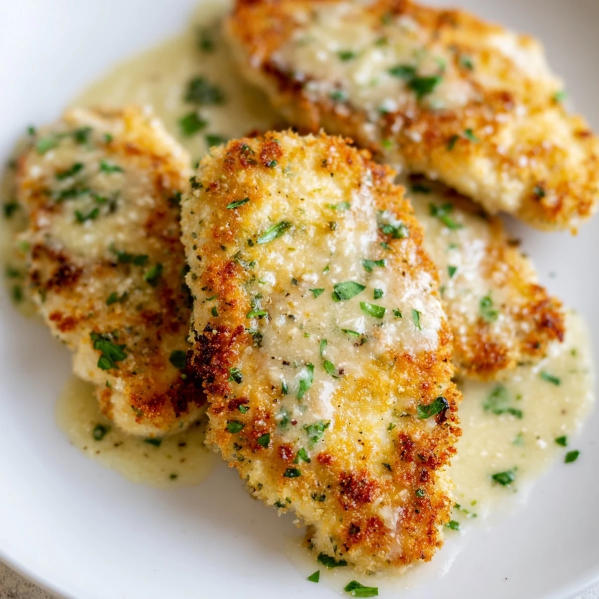 Perfectly fried and golden crispy chicken with garlic cream sauce, ready to be served.