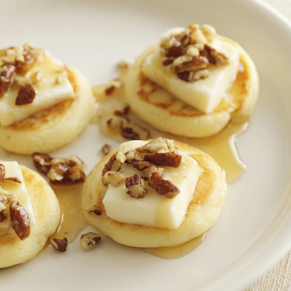 Golden brown Pancake Brie Bites, a brunch appetizer with melted, gooey brie inside.