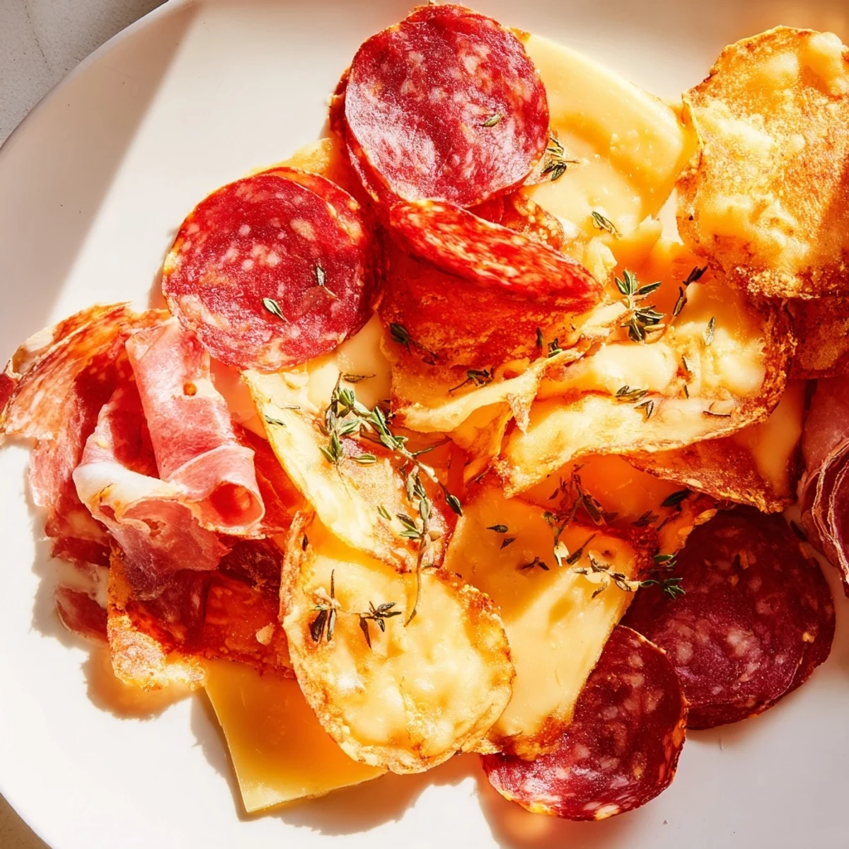 Homemade charcuterie chips: salty, smoky, and delicious, a low-carb appetizer ready to devour.