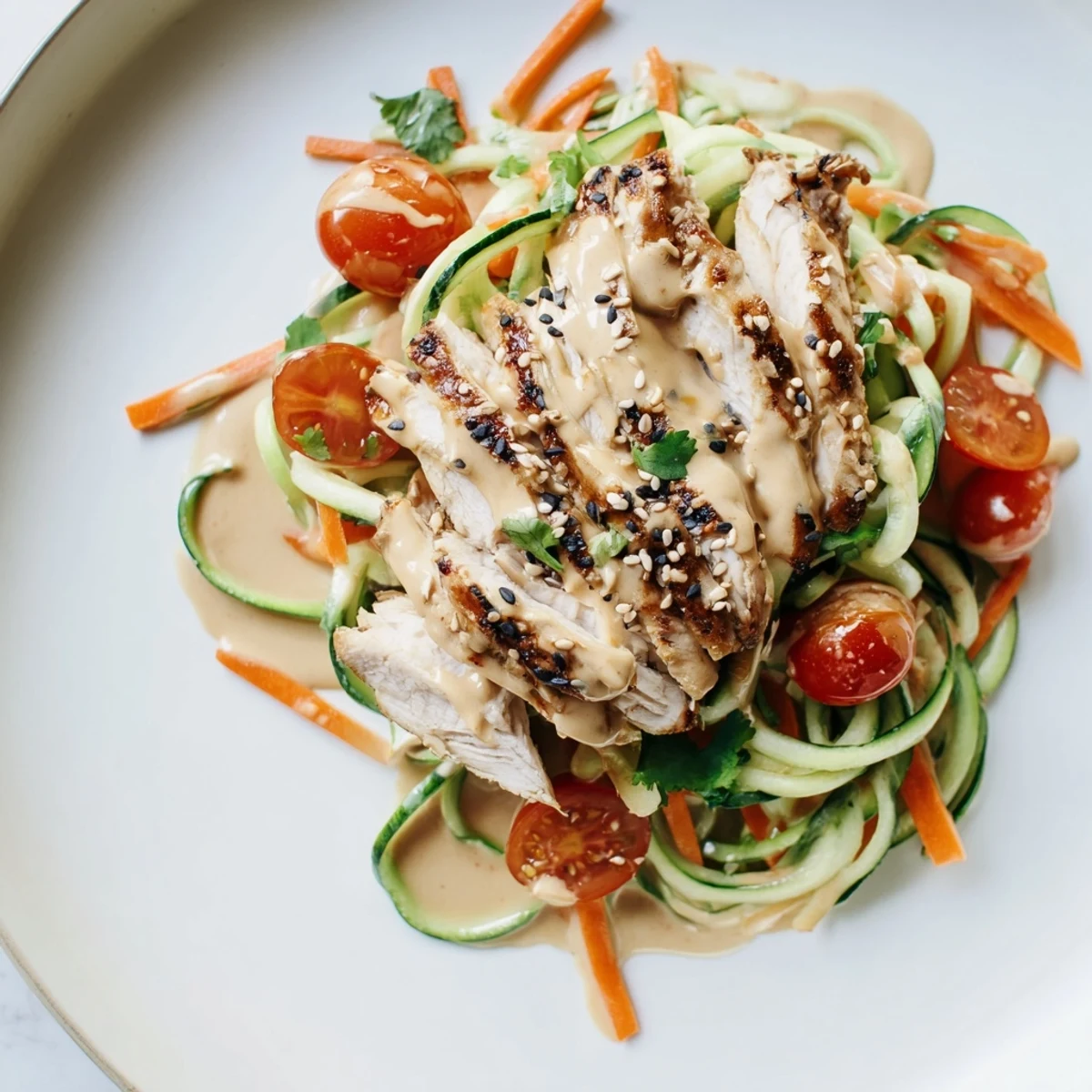 Picture: Delicious Protein Cucumber Salad featuring grilled chicken and vibrant vegetables, drizzled with sesame dressing.