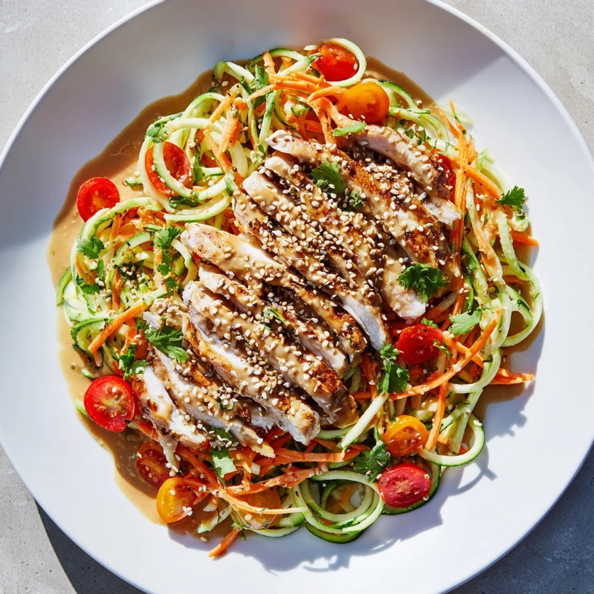Vibrant Protein Cucumber Salad, with juicy grilled chicken slices atop spiralized cucumbers and fresh tomatoes.
