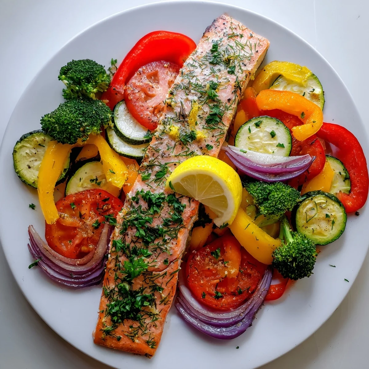 Enjoy this easy, flavorful salmon sheet pan bake featuring juicy salmon and colorful roasted veggies.