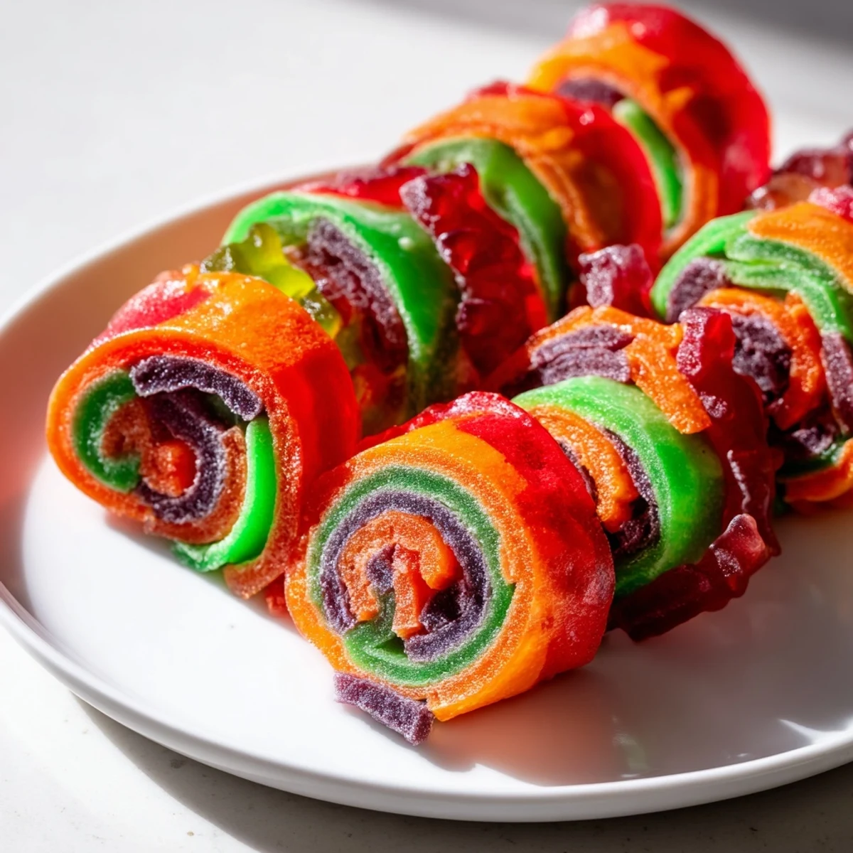 Chewy Rainbow Candy Roll Ups: close-up showing gummy candies nestled inside bright fruit roll-ups.