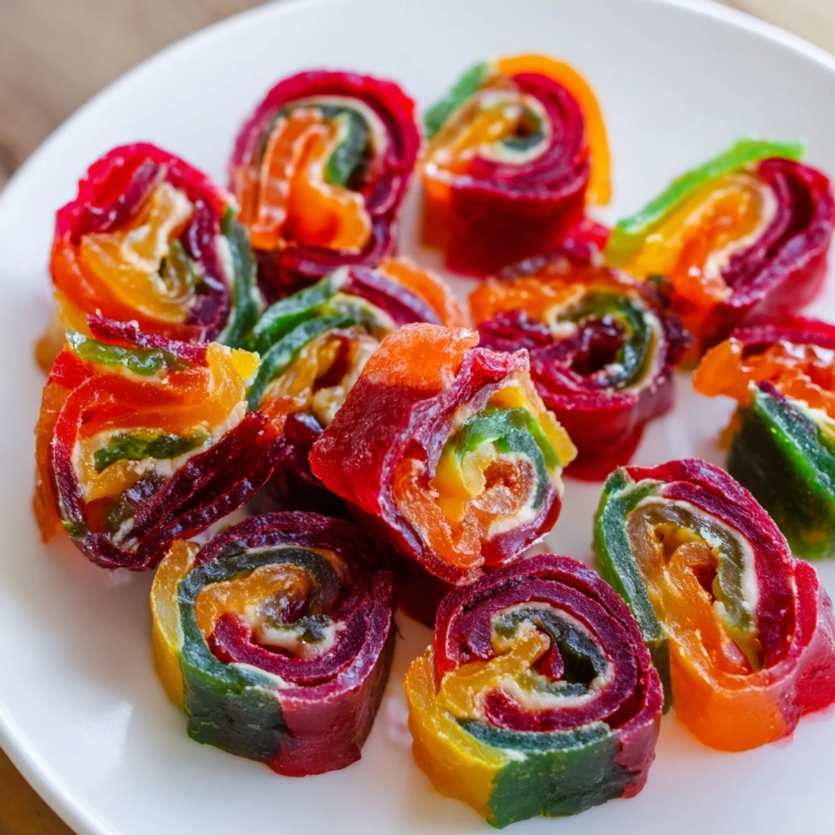 Bright Rainbow Candy Roll Ups: vivid image of colorful pinwheels, perfect party snack.
