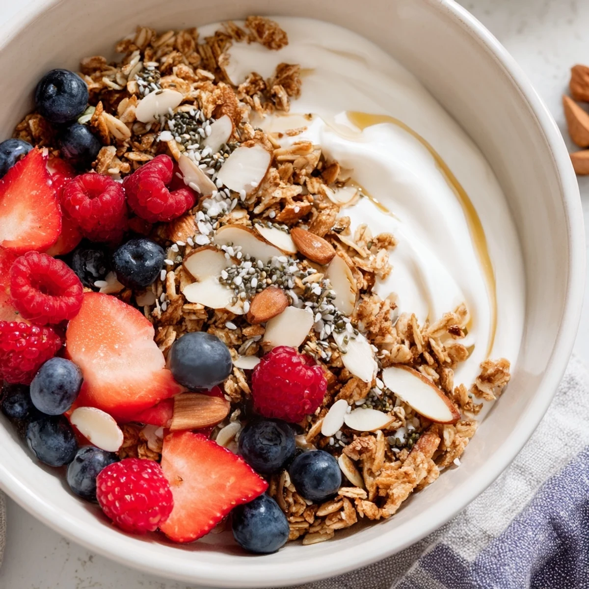 Creamy Greek yogurt bowl topped with fresh berries, crunchy granola, and delicious dry ingredients.