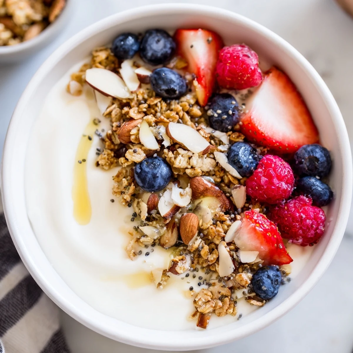 This satisfying dry yogurt bowl features a layered treat of creamy yogurt and delightful toppings.