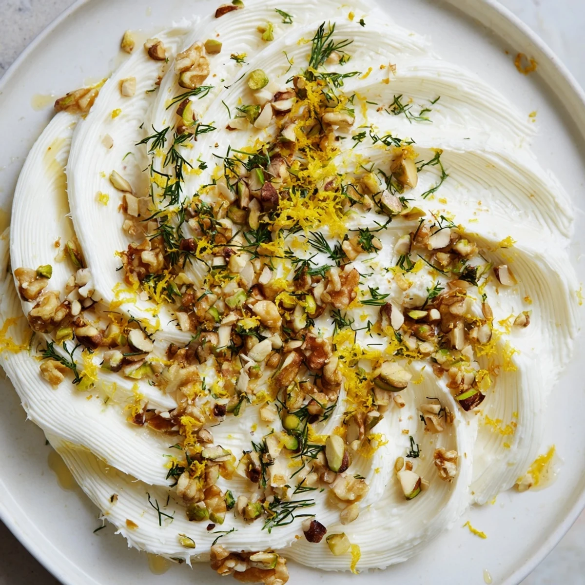 Creamy butter board charcuterie laden with toasted nuts and fresh herbs, ready to enjoy with a baguette.