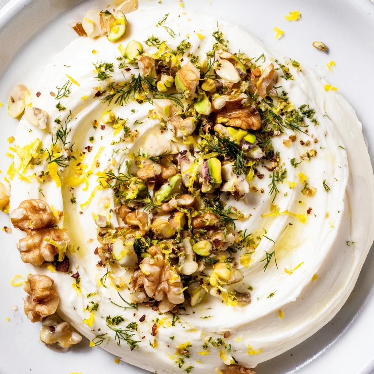 A close-up of a delectable butter board charcuterie with a swirl of butter, nuts, and zest.