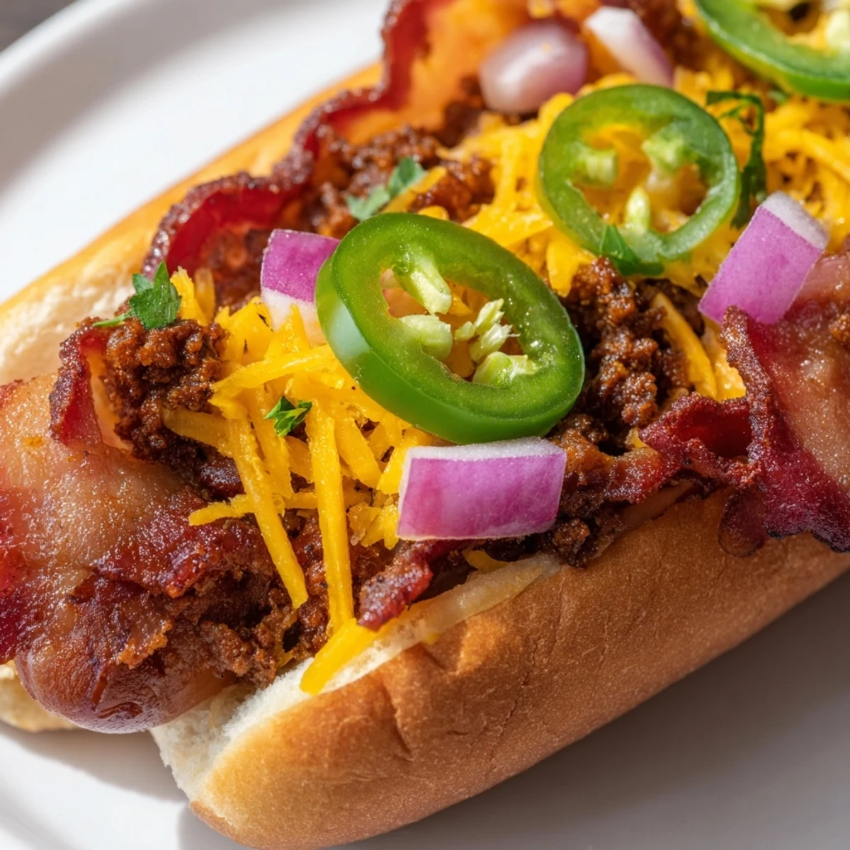 A close-up of sizzling Mexican Hot Dogs with crispy bacon and a colorful jalapeño topping.