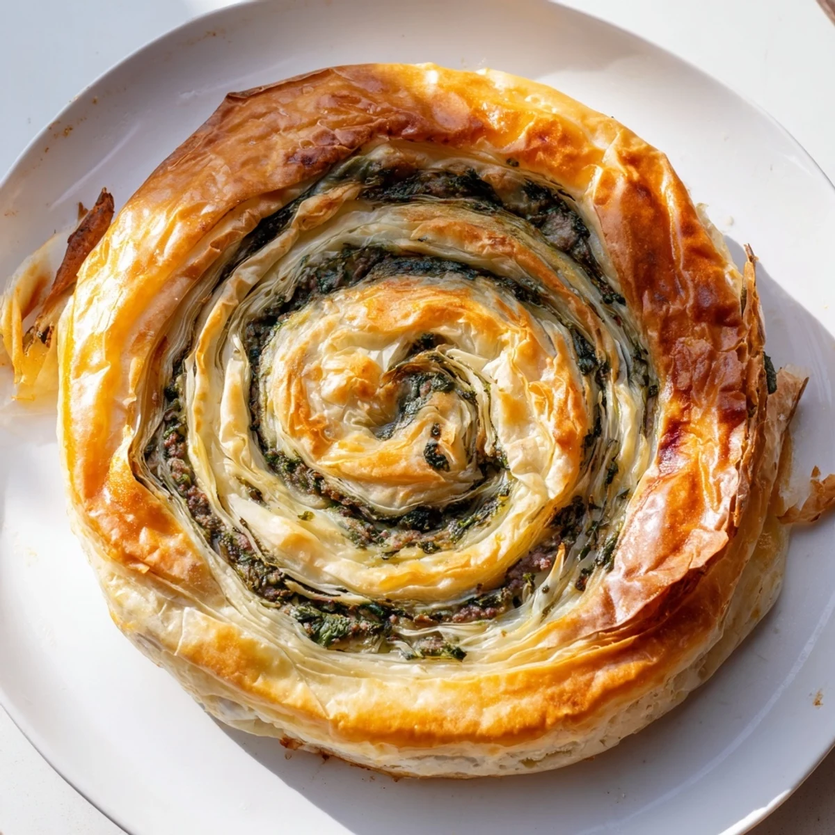 A close-up of the delicious Bosnian Burek shows a spiral pastry with crispy, buttery layers and a hearty filling.