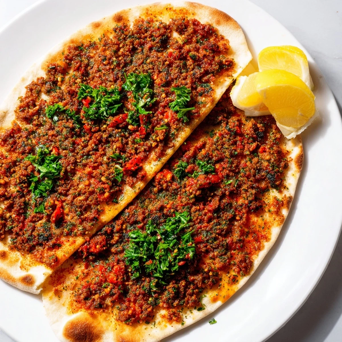 The freshly baked Turkish Lahmacun is ready to be served, topped with fresh parsley and lemon wedges.