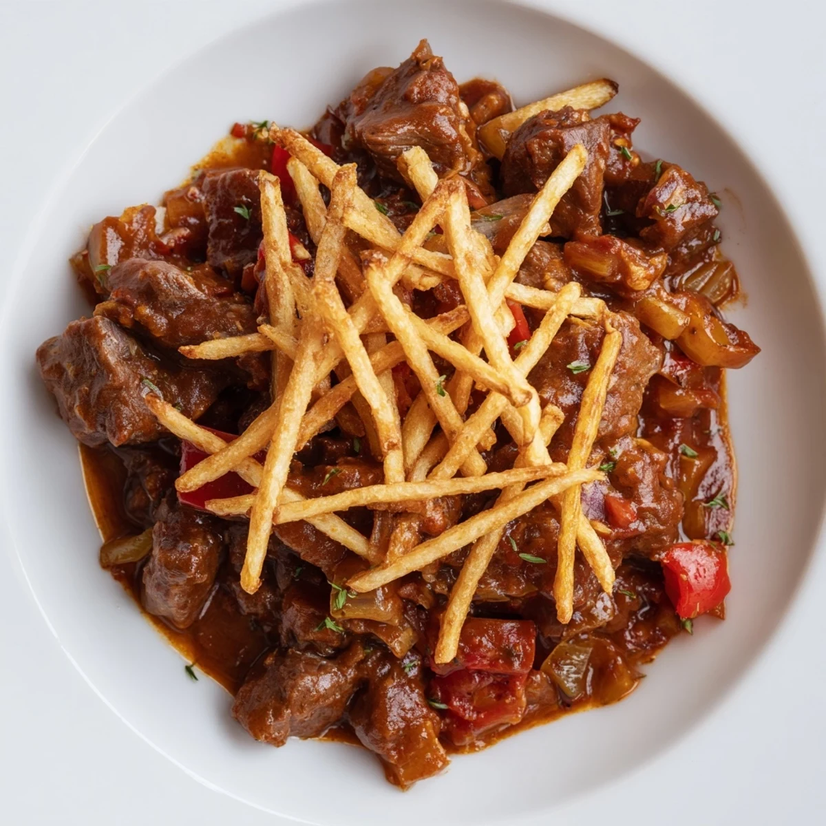 Tender, savory Czech Goulash Potato over crispy fried potato strips, fragrant and ready to serve.