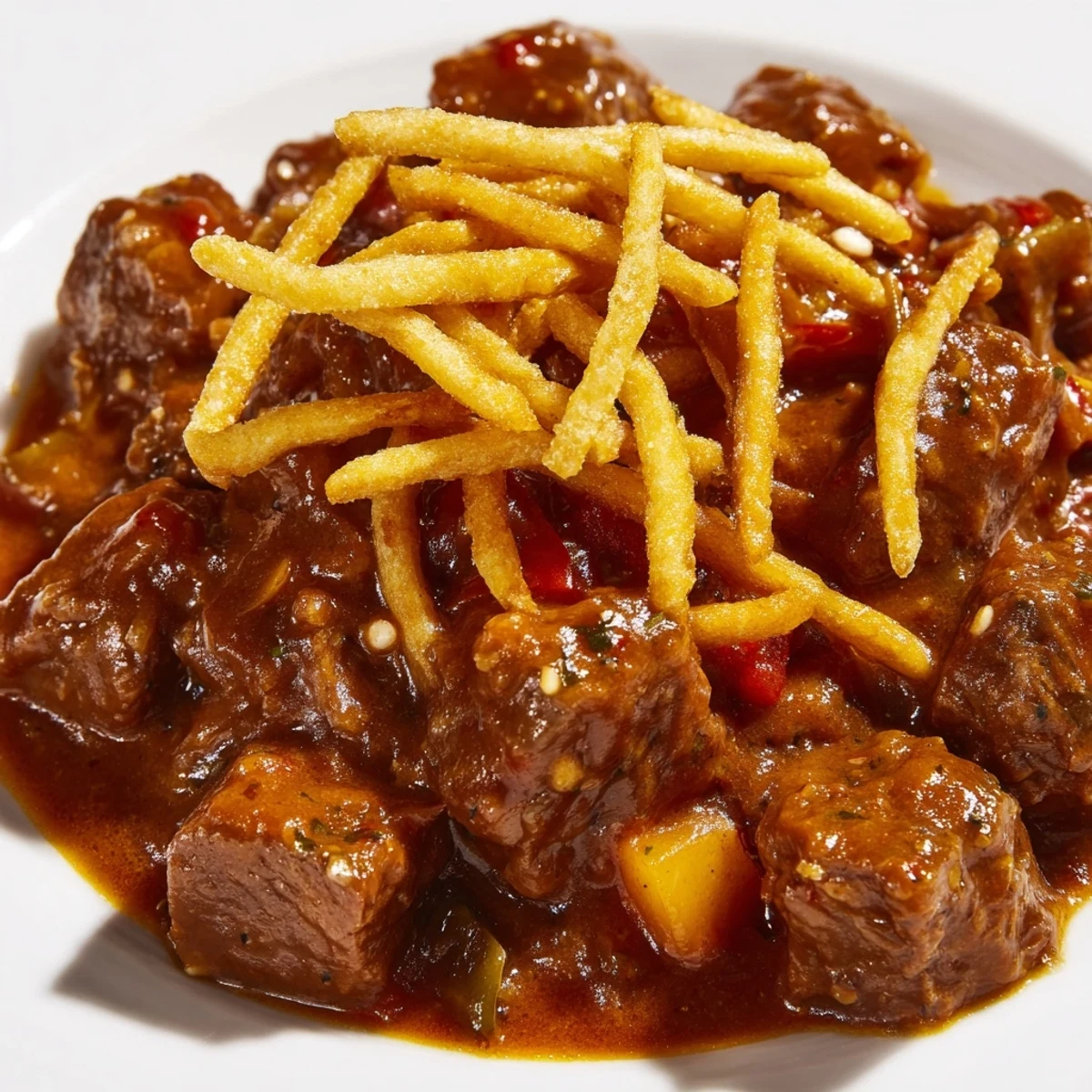 A simmering pot of traditional Czech Goulash Potato, offering rich beef and a paprika-kissed sauce alongside golden potatoes.