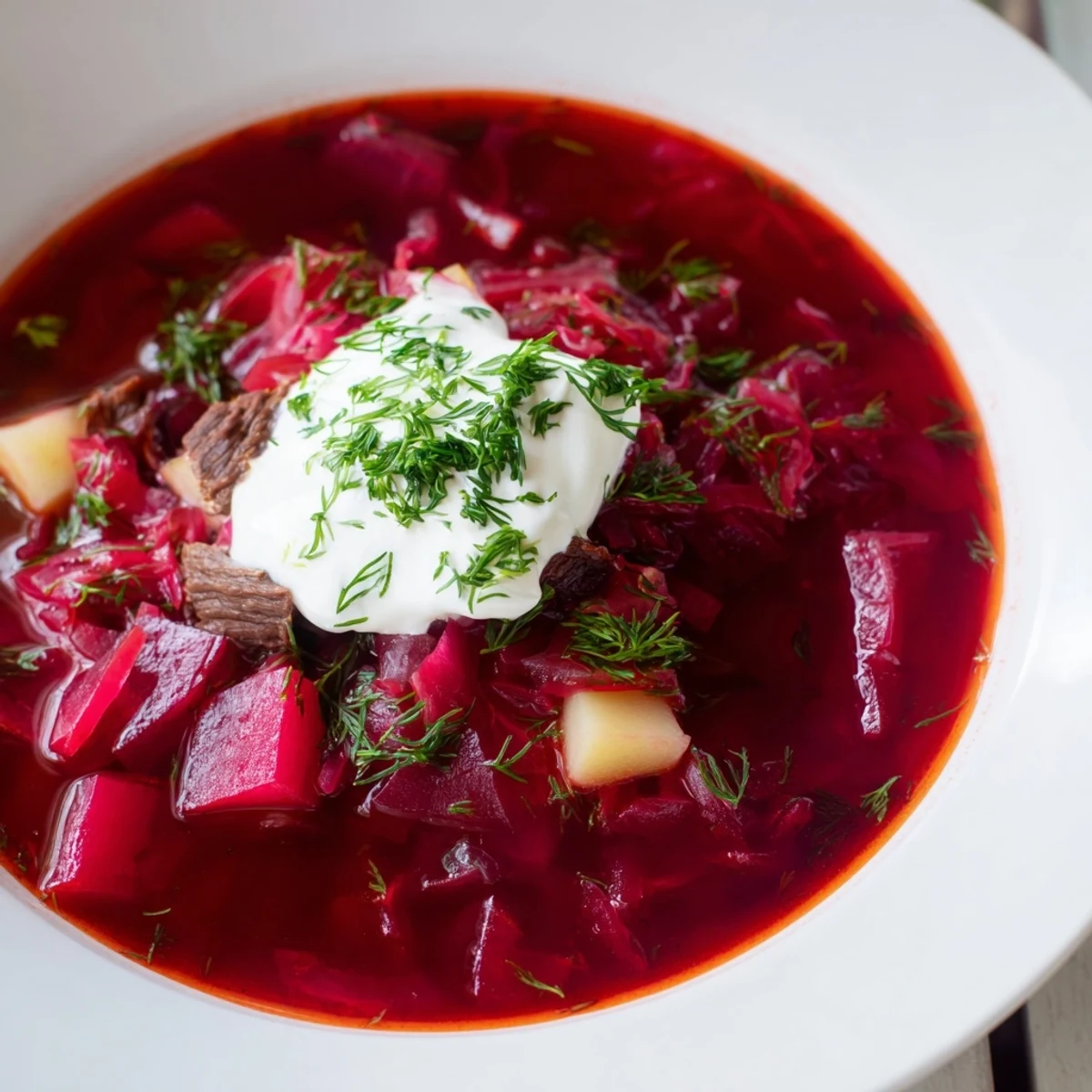 Steaming Ukrainian borscht soup, a vibrant red hue with tender beef and a creamy sour cream topping.