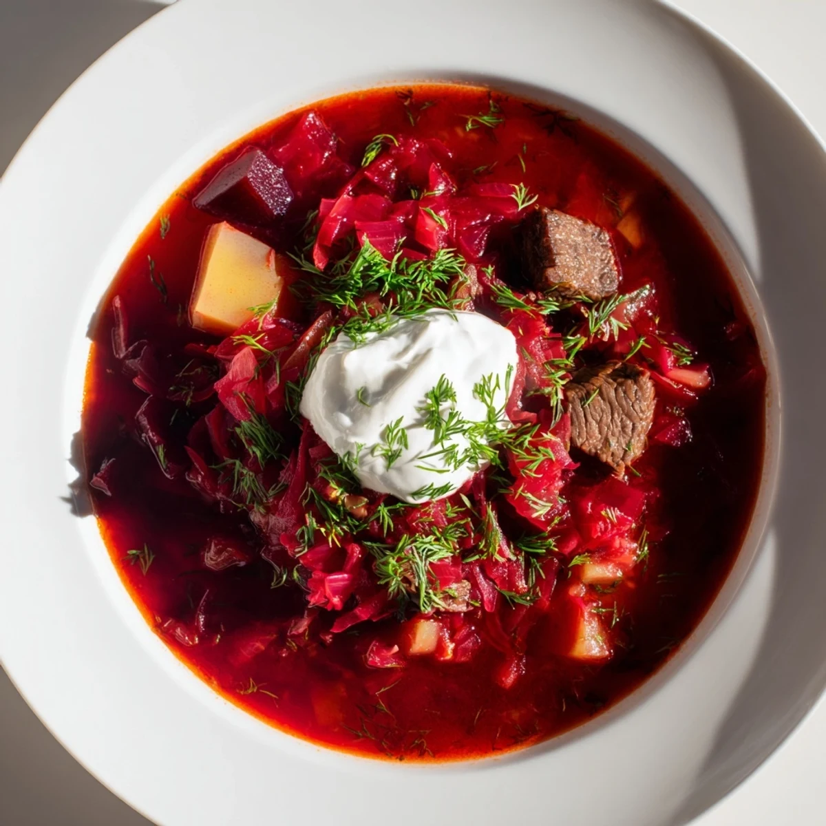A close-up of a bowl filled with hearty Ukrainian borscht, garnished with fresh dill.