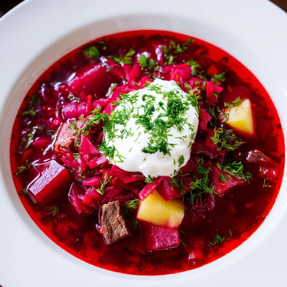 Rich and savory Ukrainian borscht soup, a comforting blend of beets, beef, and vegetables.