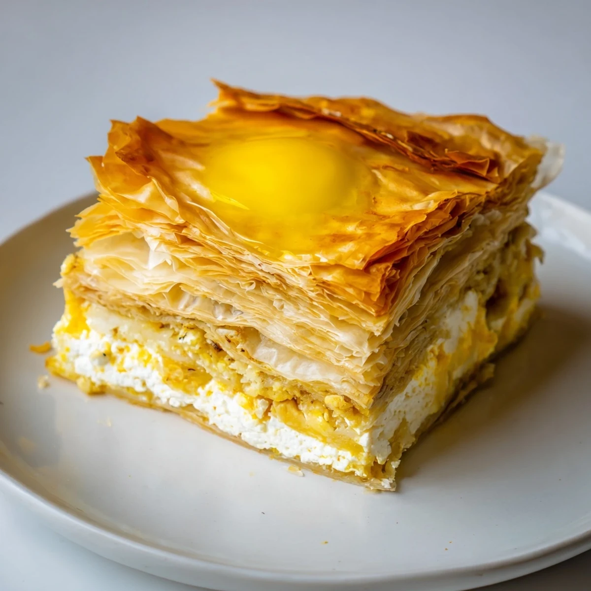 Golden, flaky Serbian Gibanica pie showcases layers of cheese, promising a savory, irresistible flavor.
