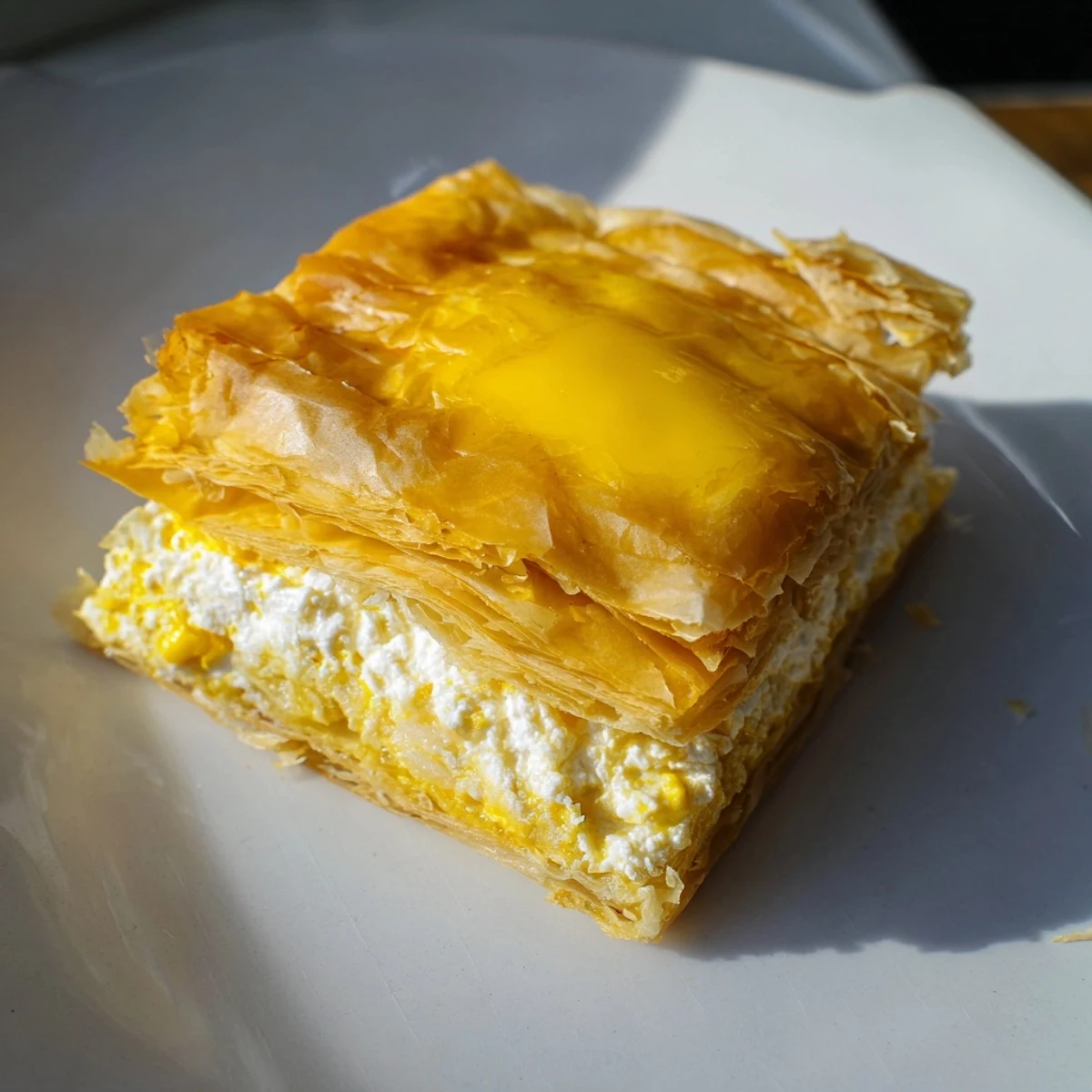 Freshly baked Serbian Gibanica, a layered cheese pie, with a beautifully browned, crispy crust.