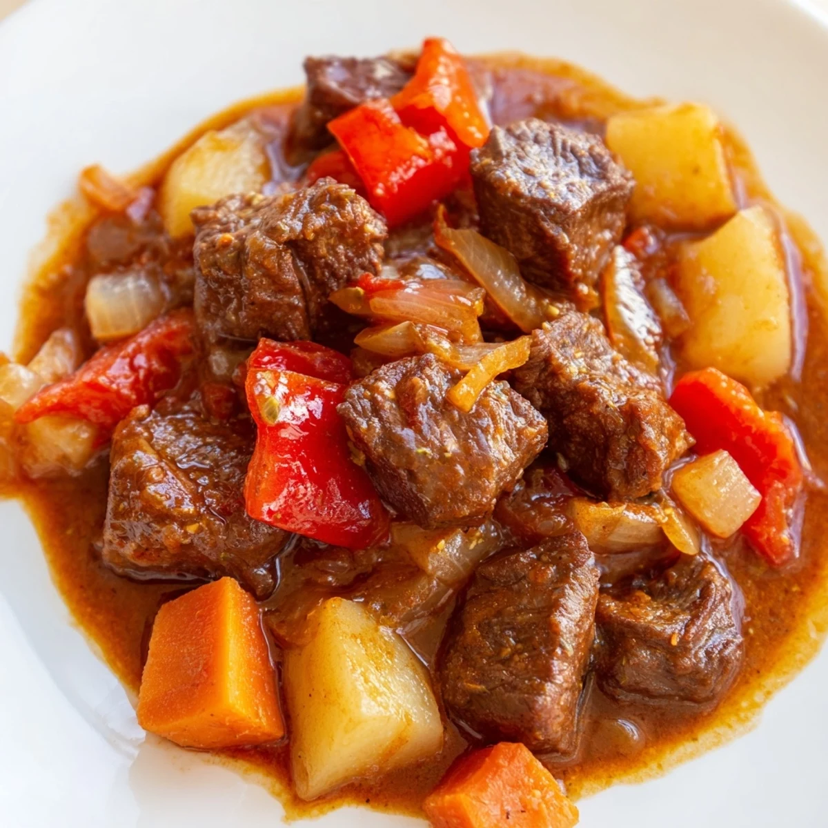 Steaming Hungarian Goulash Stew: a hearty bowl of tender beef and vibrant vegetables, ready to serve.