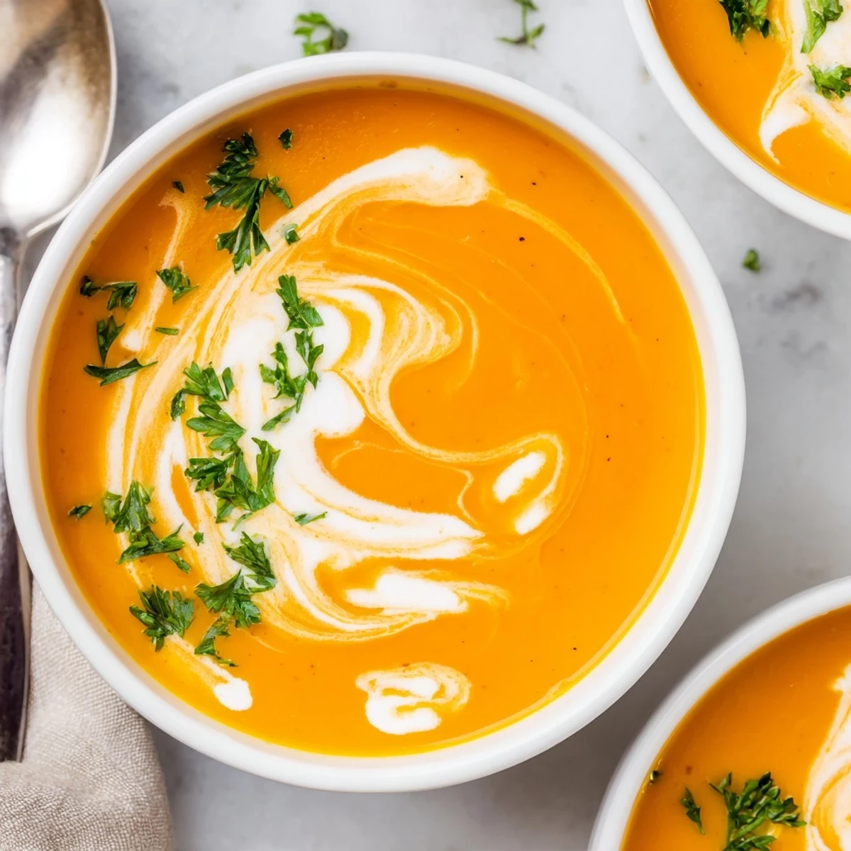 A bowl of velvety Carrot-Based Creamy Soup garnished with fresh parsley and a drizzle of cream.