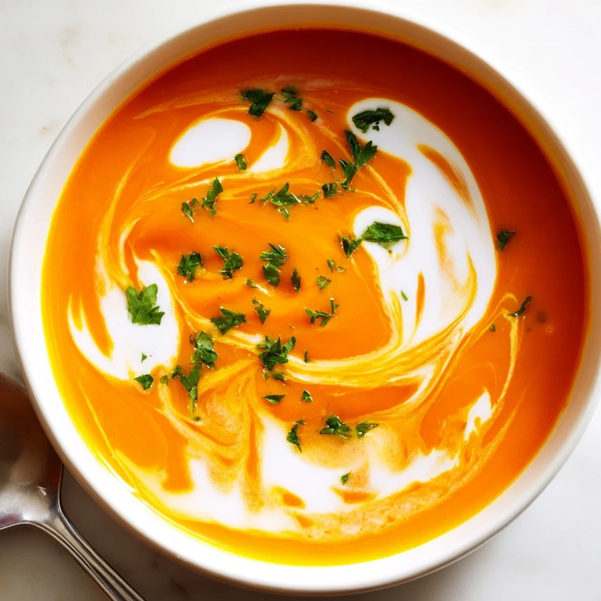 Steamed Carrot-Based Creamy Soup in a rustic bowl, its smooth orange surface shimmering under warm kitchen light.